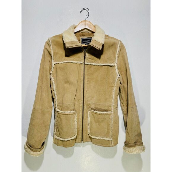 Marcelle Renee leather jacket sherpa suede coat faux tan vtg Y2K country women M - Picture 2 of 12